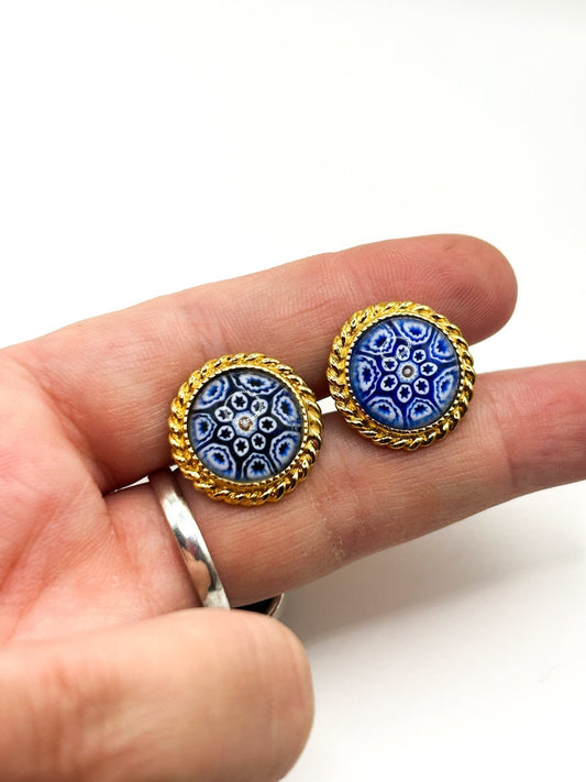 Murano Glass Cufflinks Vintage Blue White Millefiori Gold Tone Italian
