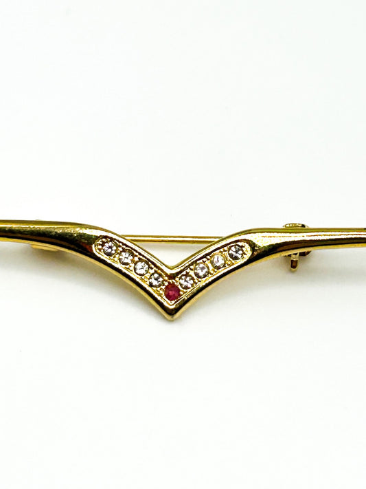 Vintage Gold V Shape Bar Brooch with Pink Topaz and Glass