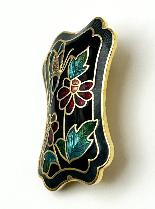 Vintage Cloisonné Enamel Brooch Butterfly Floral Black Gold Tone Pin 2.5”