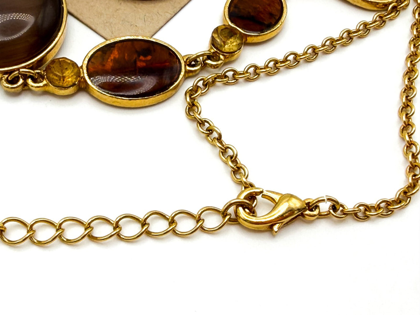 Gold Tone Y-Drop Necklace with Brown Cat’s Eye & Iridescent Orange Cabochons