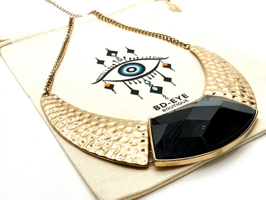 Gold Tone Hammered Collar Necklace with Black Faceted Acrylic Panel 13.5”