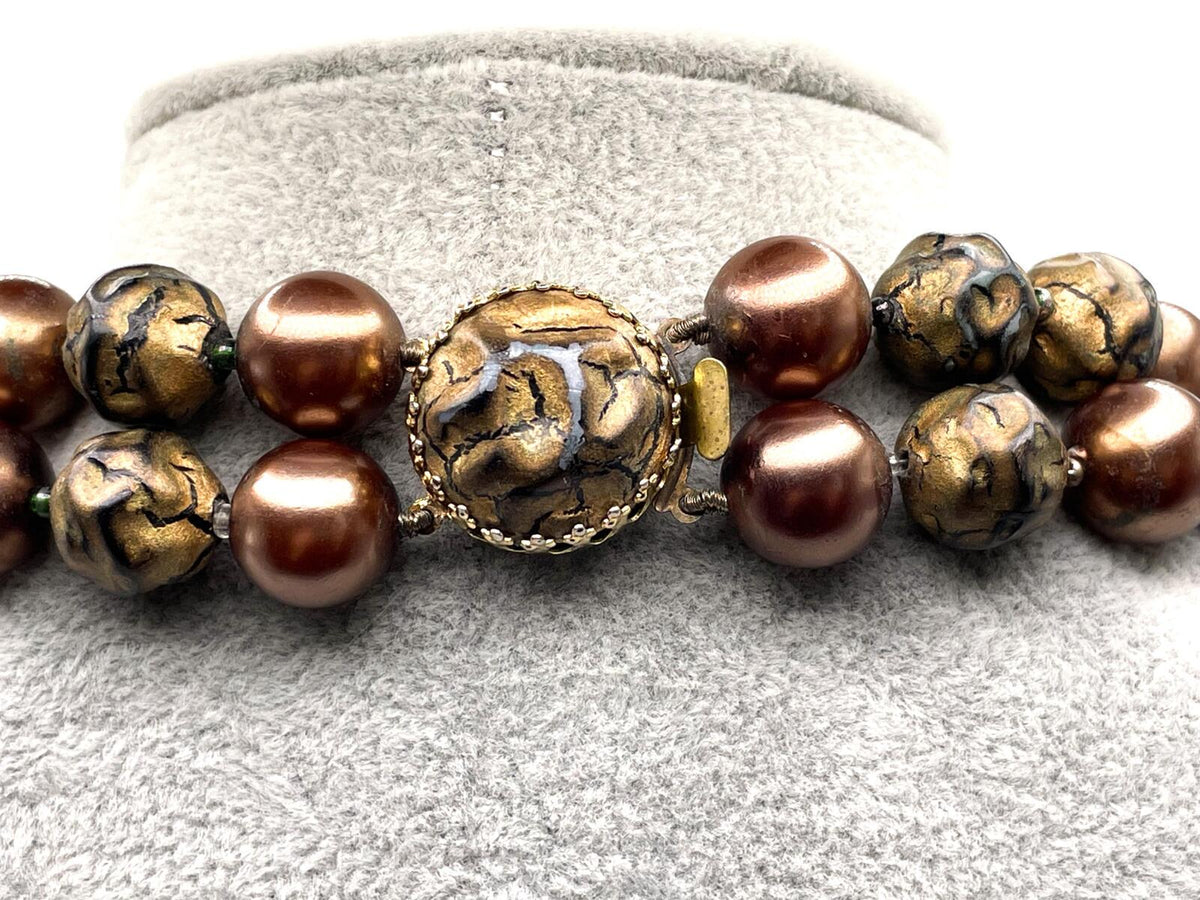 Bronze Tone Double-Strand Faux Pearl and Bead Necklace