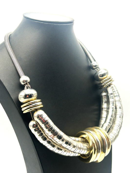 Silver & Gold Tone Chunky Y2K Industrial Collar Necklace – 17.5”