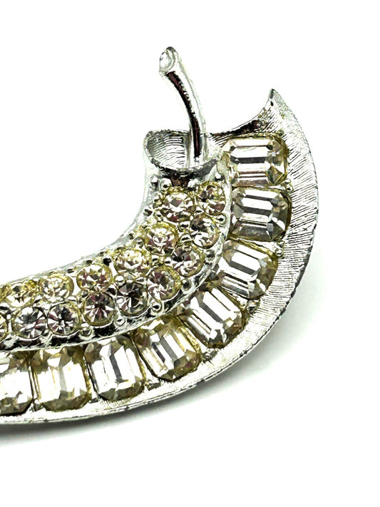 Vintage Silver-Tone Curved Rhinestone Statement Brooch