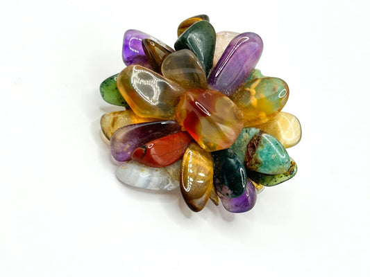 Vintage Semi Precious Gemstone Cluster Brooch Amethyst Carnelian Tigers Eye