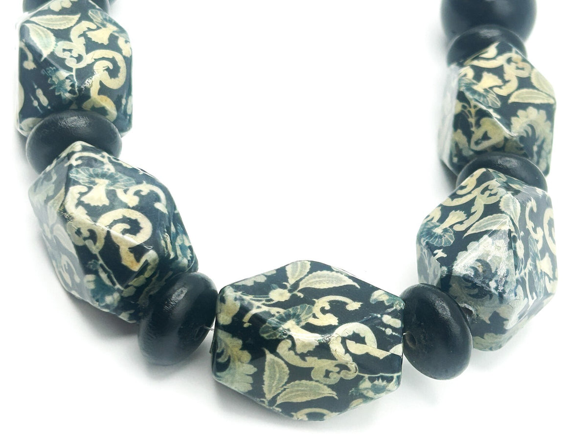Chunky Black and Yellow-Green Floral Print Long Beaded Wood Necklace Flower