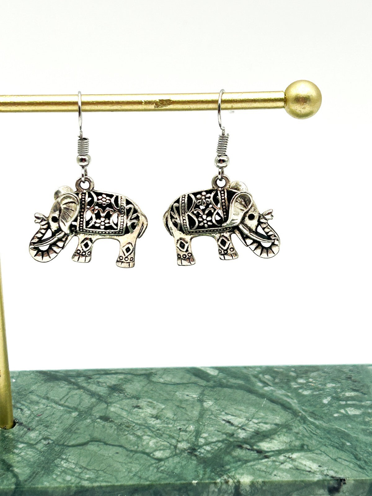 Silver Tone Elephant Drop Earrings Filigree Openwork Dangle