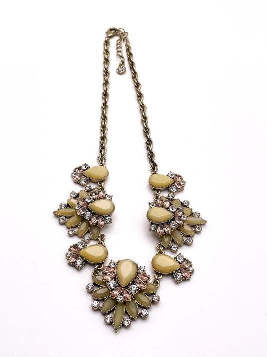 Floral Rhinestone Statement Necklace in Pink, Yellow and Crystal