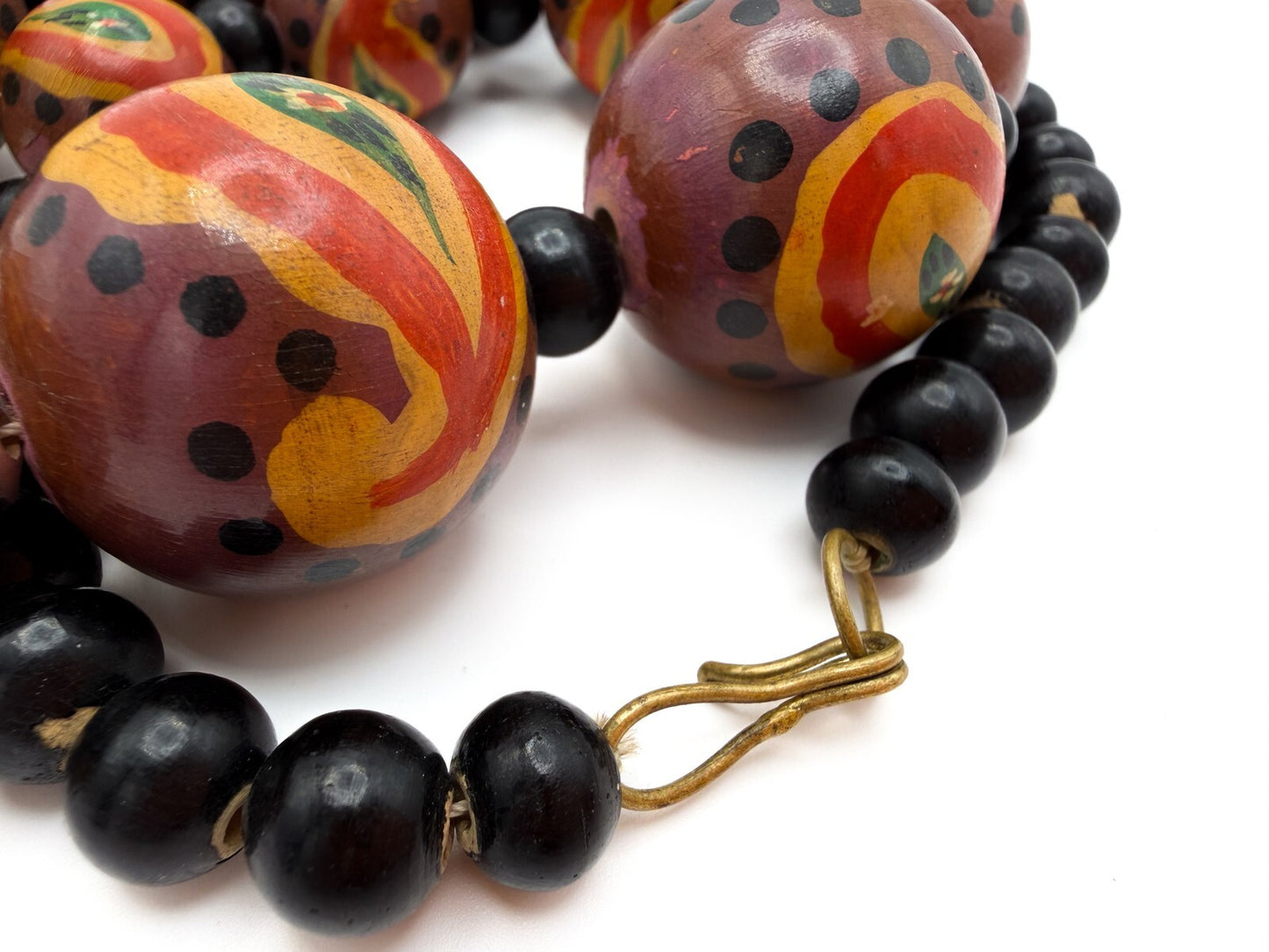Graduated Hand-Painted Paisley Wooden Bead Necklace – Orange & Brown Tones