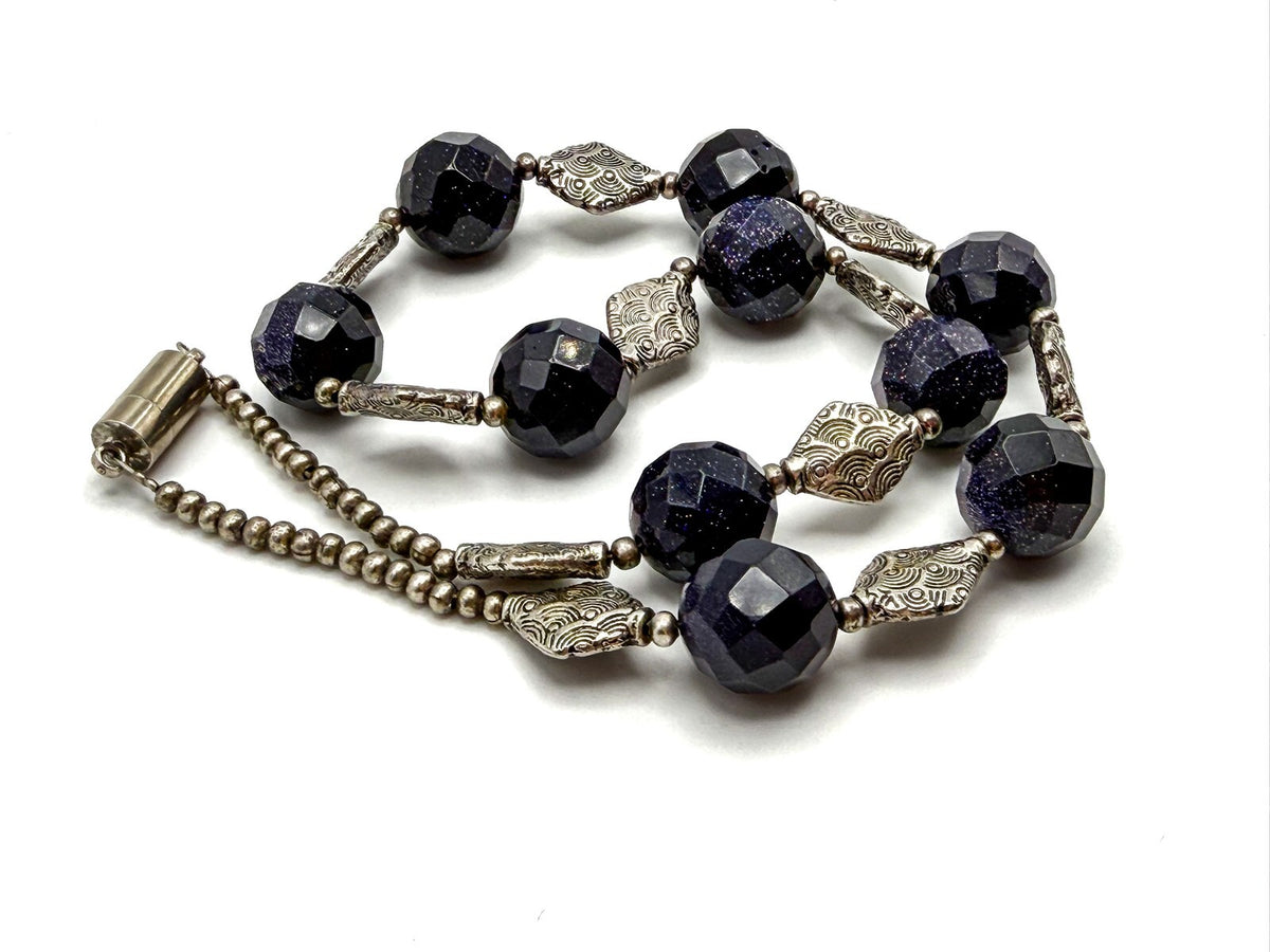 Deep Purple Sparkly Faceted Beaded Necklace with Silver Embossed Diamond Spacers