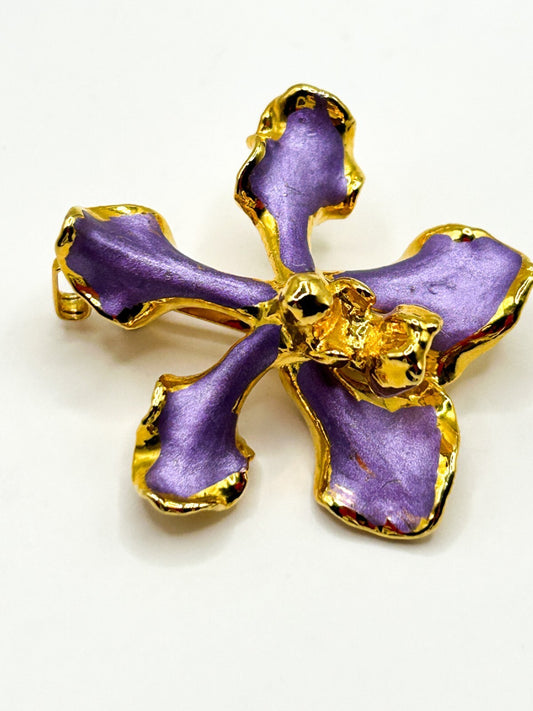 Vintage Purple Enamel Orchid Brooch 22K Gold Plated Floral Flower Jewellery