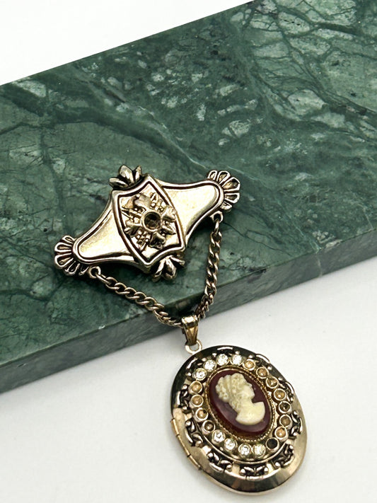 Signed Coro Vintage Locket Brooch Chain Dangle – Some Stones Missing