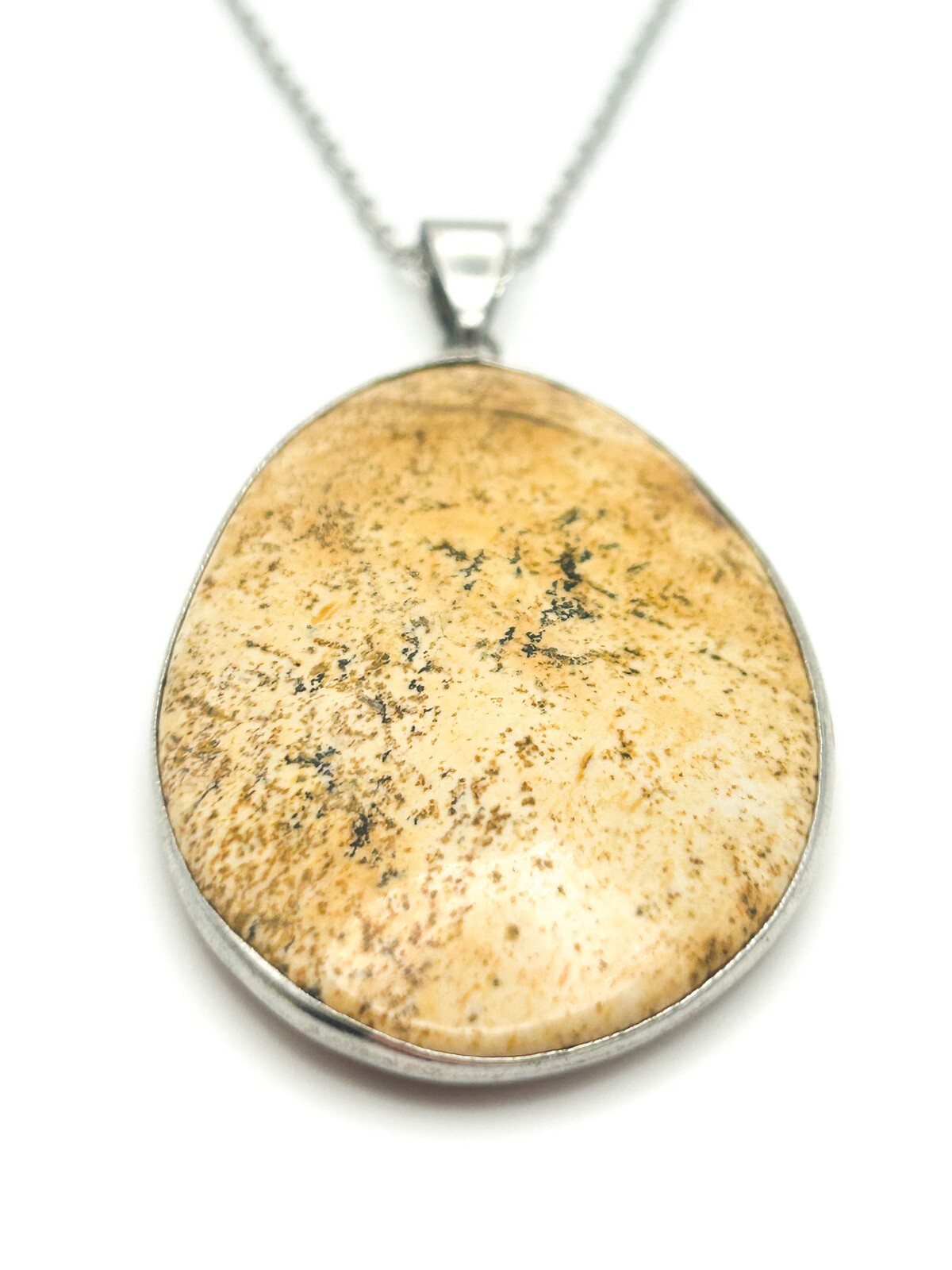 Picture Jasper Teardrop Pendant Necklace – Silver Tone 24" - Boho Gemstone Brown