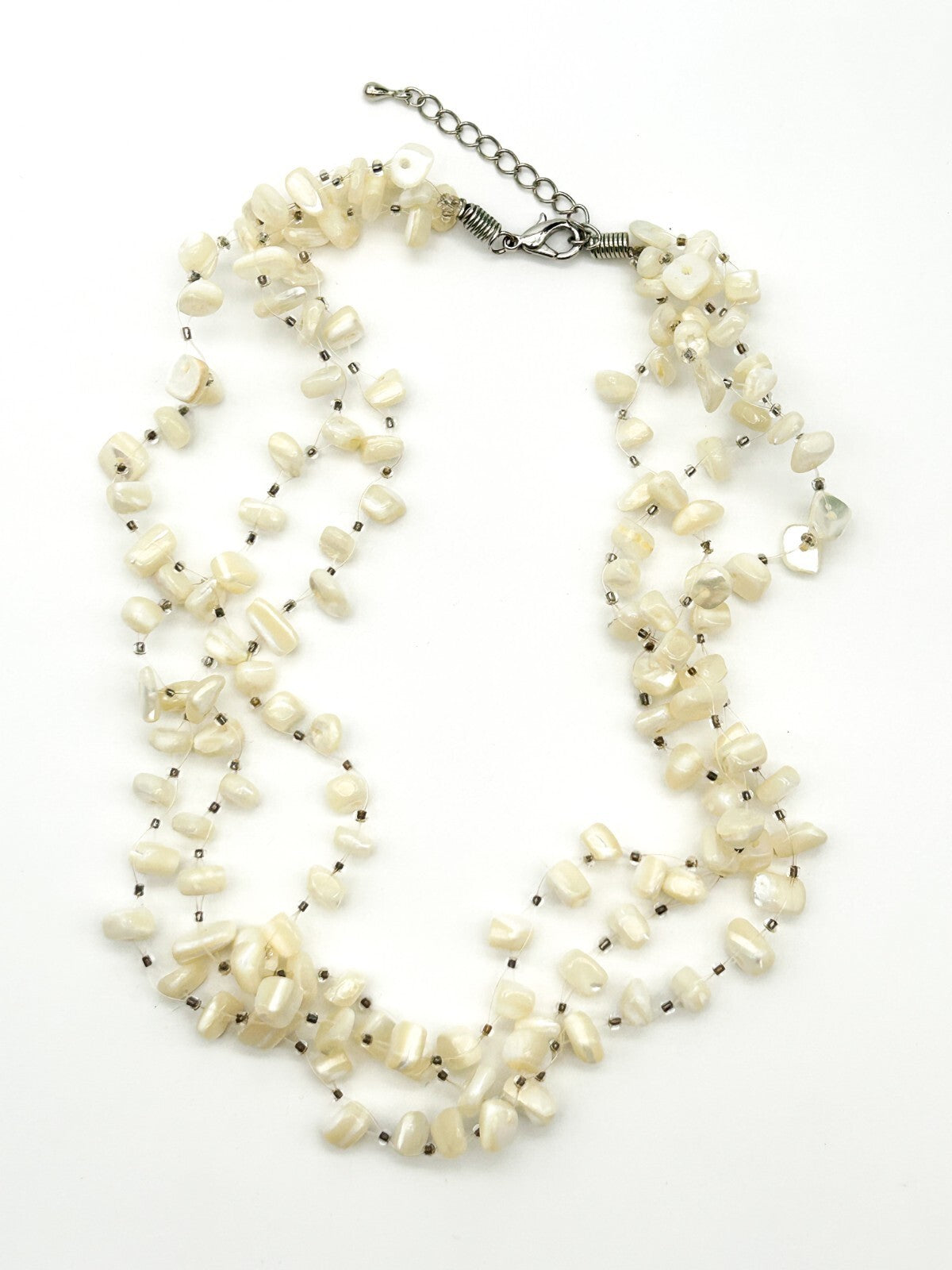 Vintage Mother Of Pearl Multi Strand Illusion Necklace Cream Shell Floating Chip