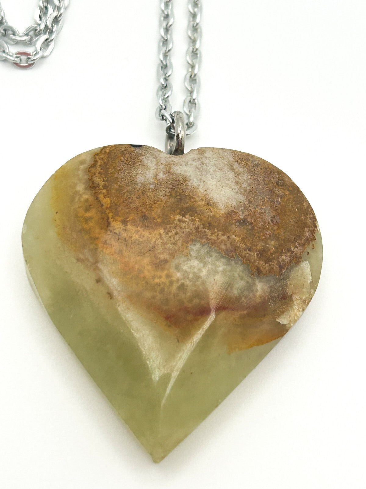 Green Onyx Gemstone Heart Long Pendant Necklace on Silver Tone Chain Boho