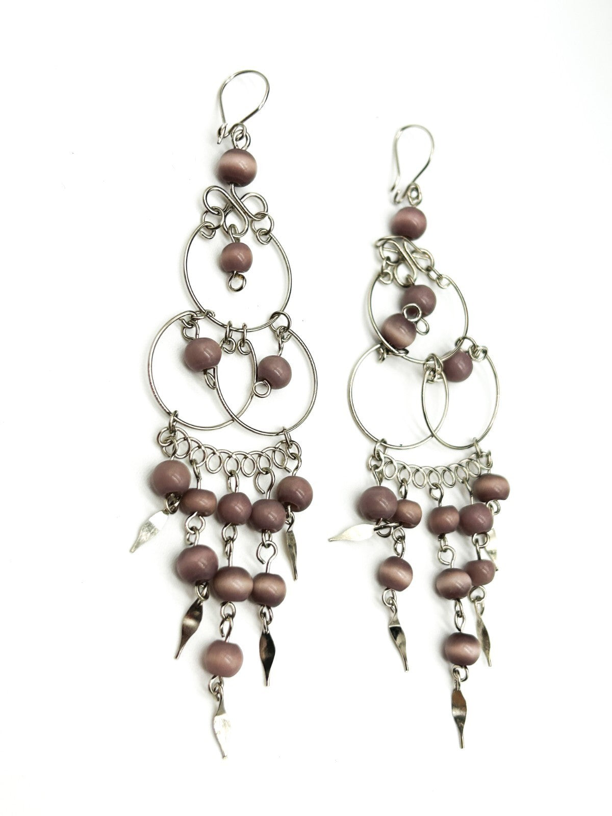Peruvian Alpaca Necklace Earrings Set Mauve Glass Fringe Boho Chandelier Dainty