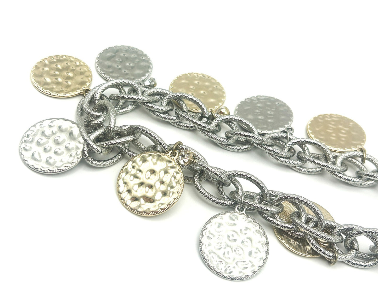M&S Silver & Gold Tone Hammered Coin Charm Statement Necklace