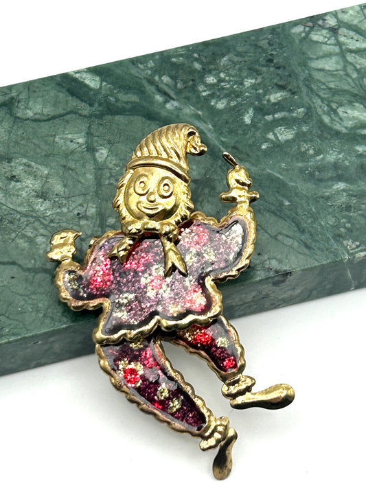 Articulated Clown Brooch Gold Tone Glitter Jester Pin