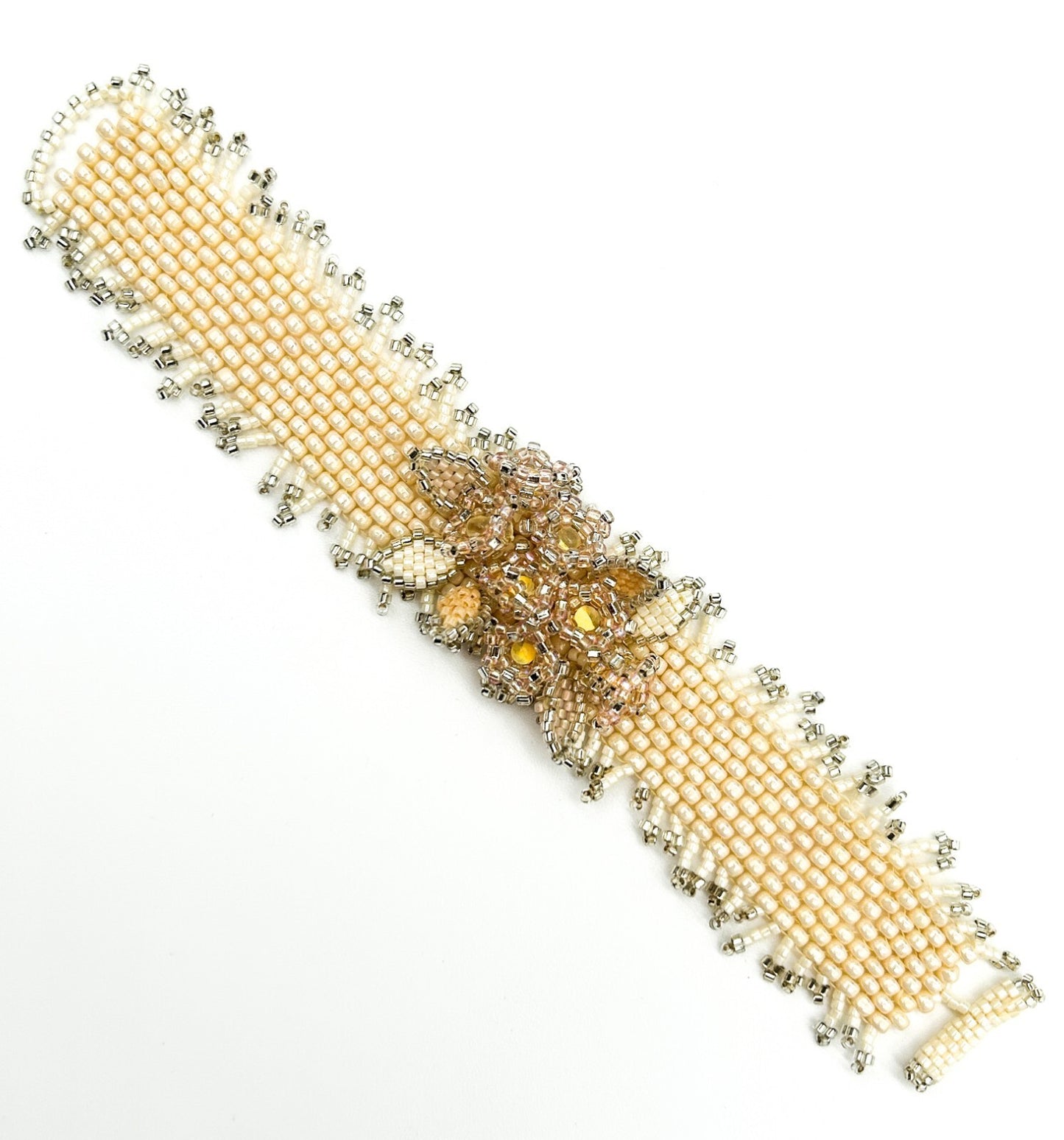 Handmade Cream & Peach Seed Bead Floral Cuff Bracelet