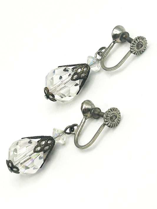 Vintage AB Crystal Glass Drop Earrings – Silver Tone Screw Back