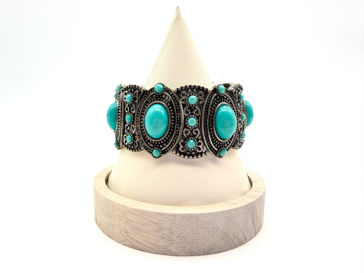 Ornate Faux Turquoise Stretch Cuff Bracelet Silver Tone Statement Boho Statement
