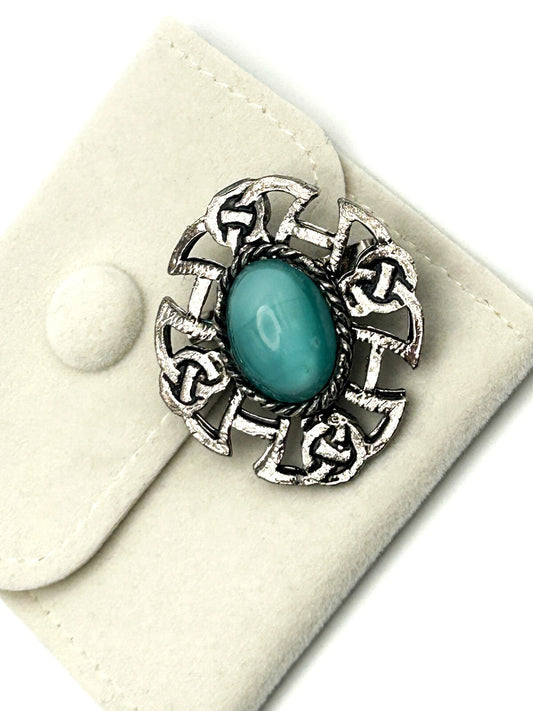 Celtic Knot Brooch Pewter Turquoise Style Cabochon Cross Pin