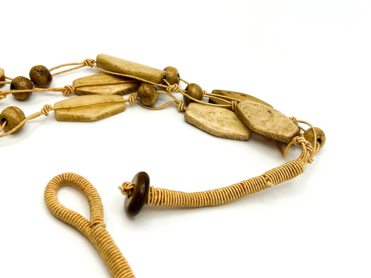 Vintage 70s Multi-Strand Macramé Organic Bead Boho Necklace - Tan & Beige 21.5"