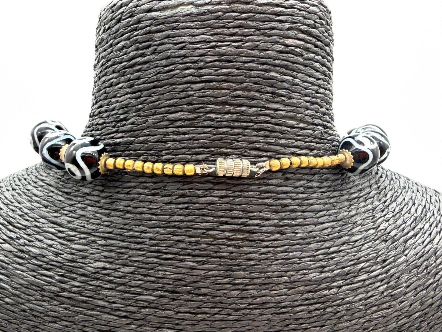 Vintage Black White Dzi Style Necklace Tibetan Bead Statement Glass 17”
