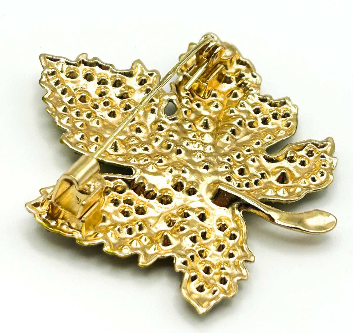 Vintage Maple Leaf Brooch Gold Tone Green Rhinestone Leaf Pin