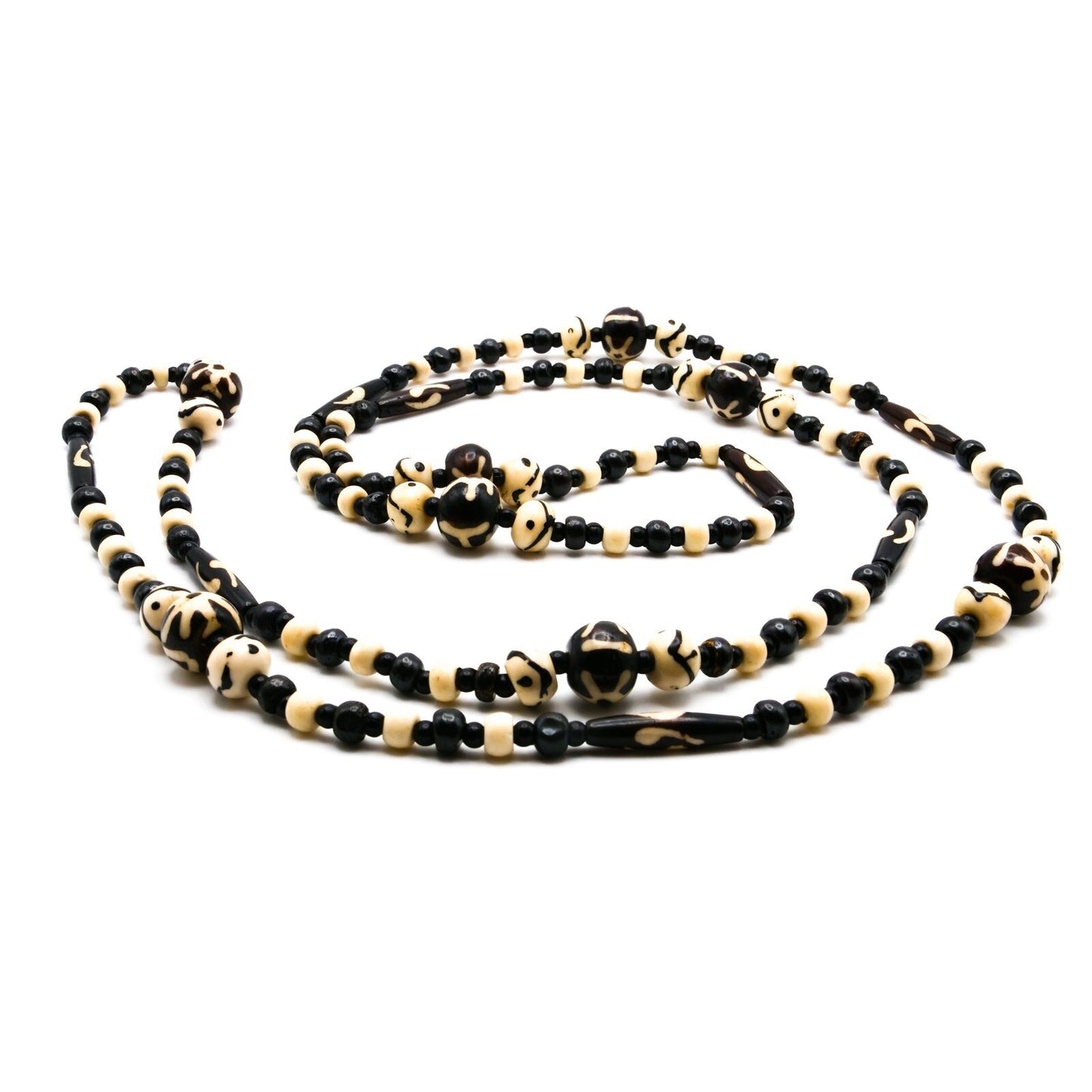 Carved Black, Brown & Cream Bead Necklace – Long Boho Tribal-Style Strand