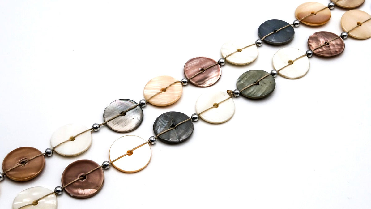 Mother of Pearl Pastel Button Disc Necklace – Pink, Cream & Grey 18.5”