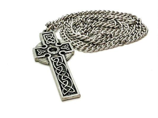 Pewter Celtic Knot Cross Necklace on Silver Tone Chain