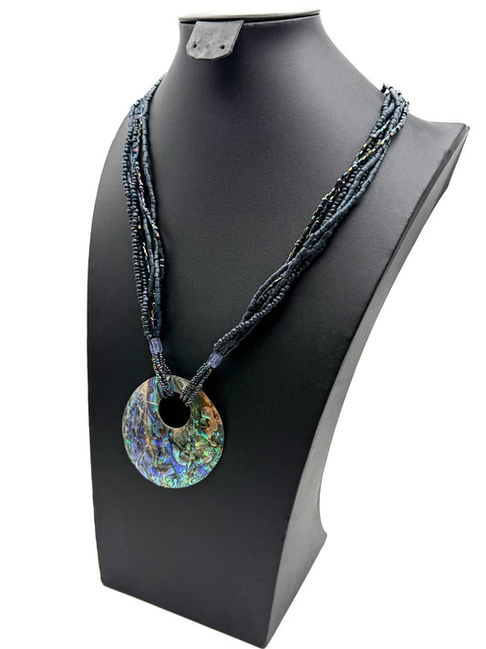 Vintage Paua Abalone Shell Donut Pendant Necklace - Beach Surf Summer