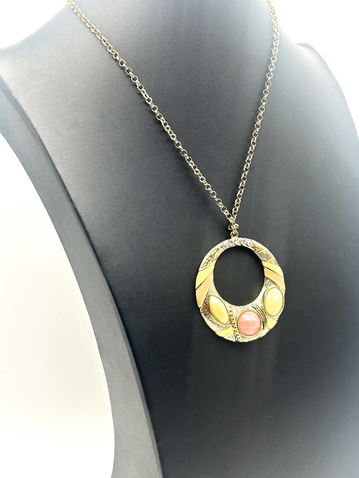 Vintage Gold Tone Hoop Pendant Necklace with Pink & Cream Cabochons – Statement