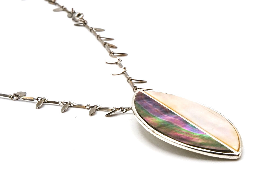 Mother of Pearl & Abalone Leaf Pendant Necklace – Long 40”