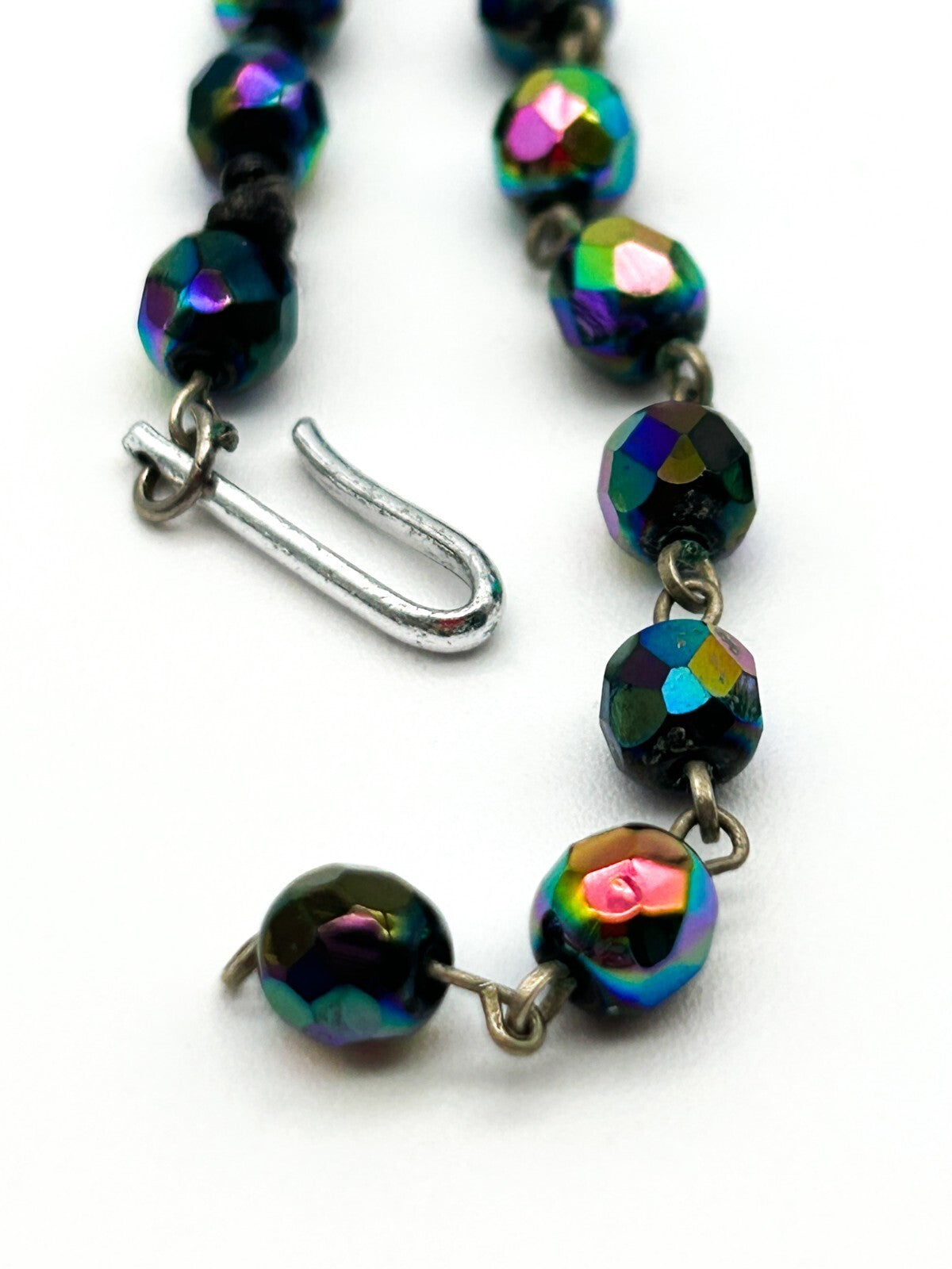 Vintage Aurora Borealis Peacock Glass Choker Necklace Rainbow Faceted Retro AB
