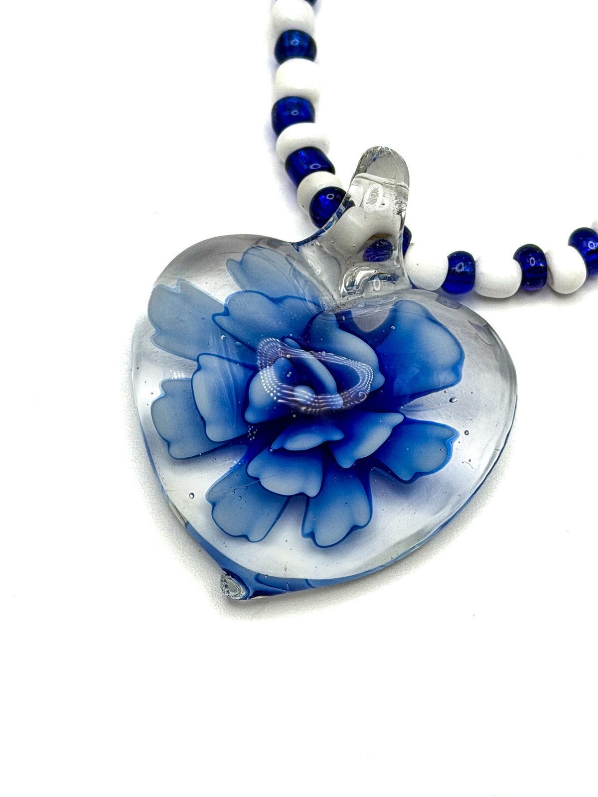 Vintage Blue & White Glass Beaded Necklace with Floral Art Glass Heart Pendant
