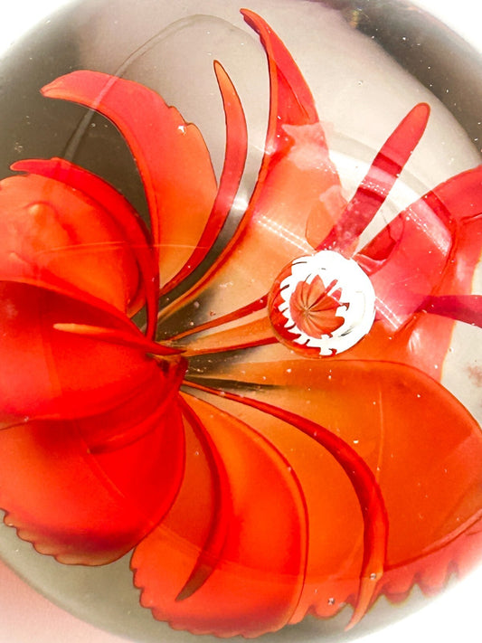 Fenton Art Glass Paperweight Orange Flower USA Domed