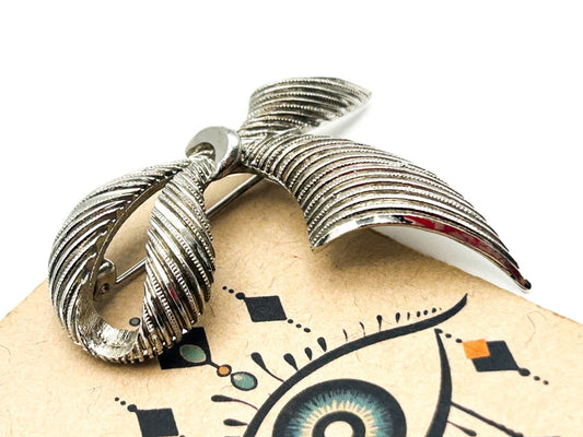 Vintage Silver Ribbon Bow Brooch Mid Century Modern Sweeping Textured Pin Retro
