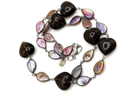 ETNIKA Iridescent Purple Keshi Pearl & Glass Heart Lariat Necklace