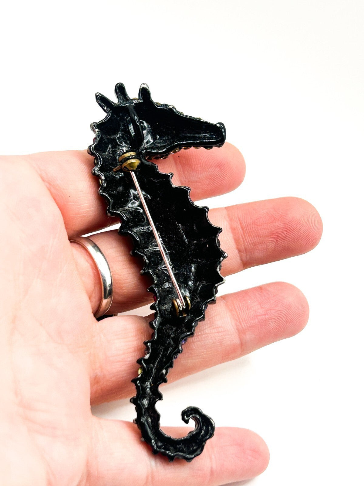 Large Rhinestone Seahorse Brooch Multicolour Figural Pendant 8.5 cm