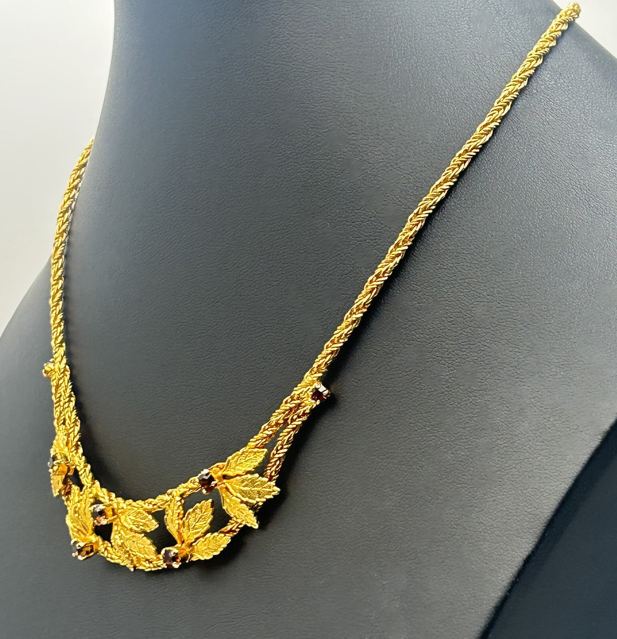 Pennino Gold Tone Leaf Statement Prong-set Faceted Garnet Stone Accent Necklace