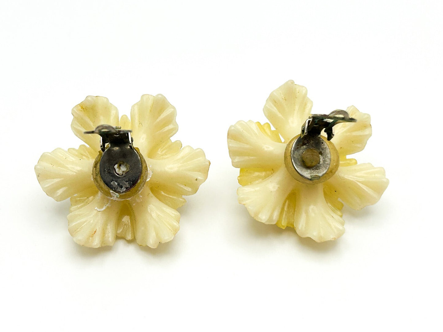 Vintage Lucite Flower Clip On Earrings Faux Pearl Rhinestone MCM Floral 50s 60s
