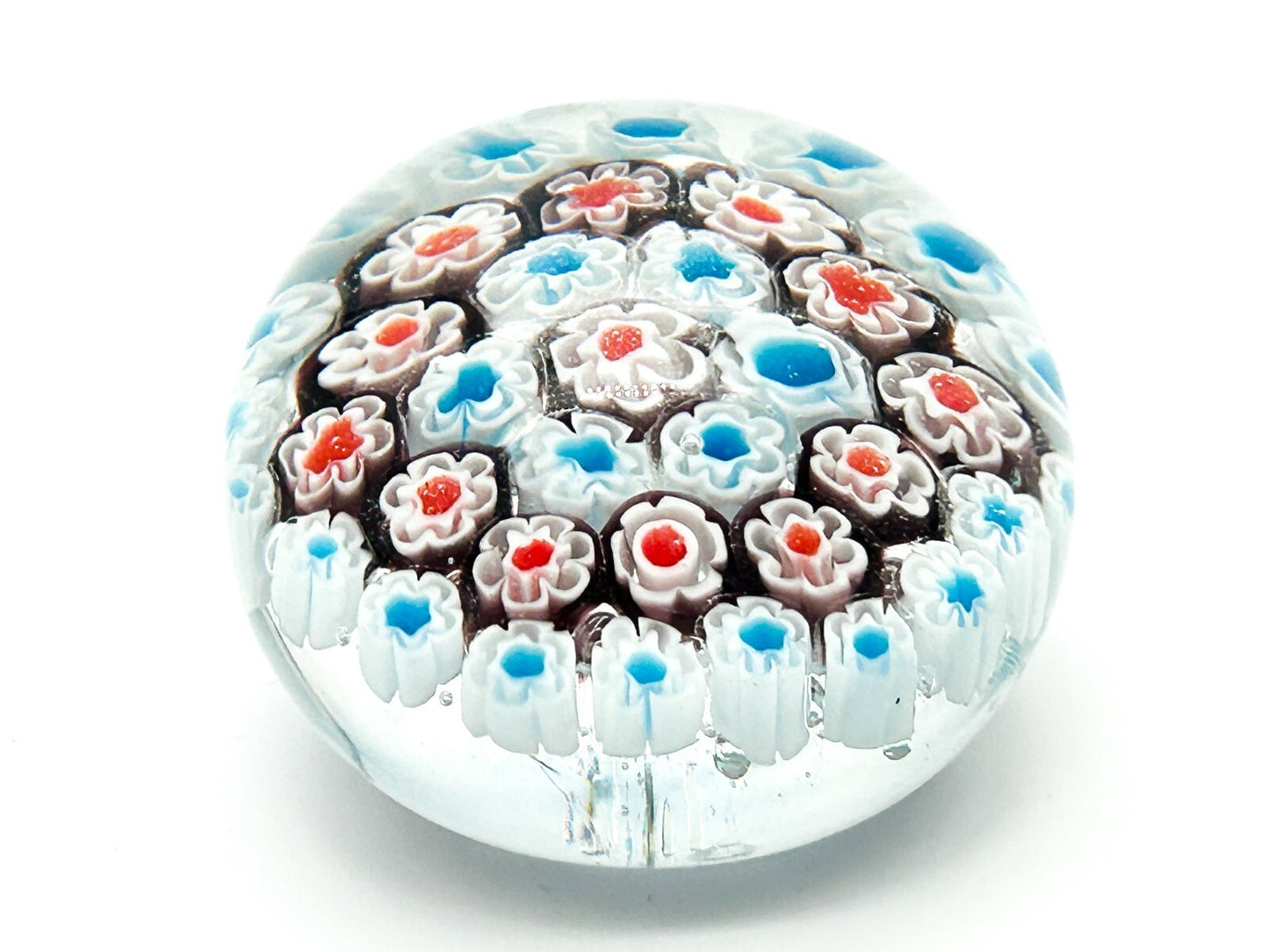 Vintage Millefiori Art Glass Paperweight Red White Blue Flower Floral Canes