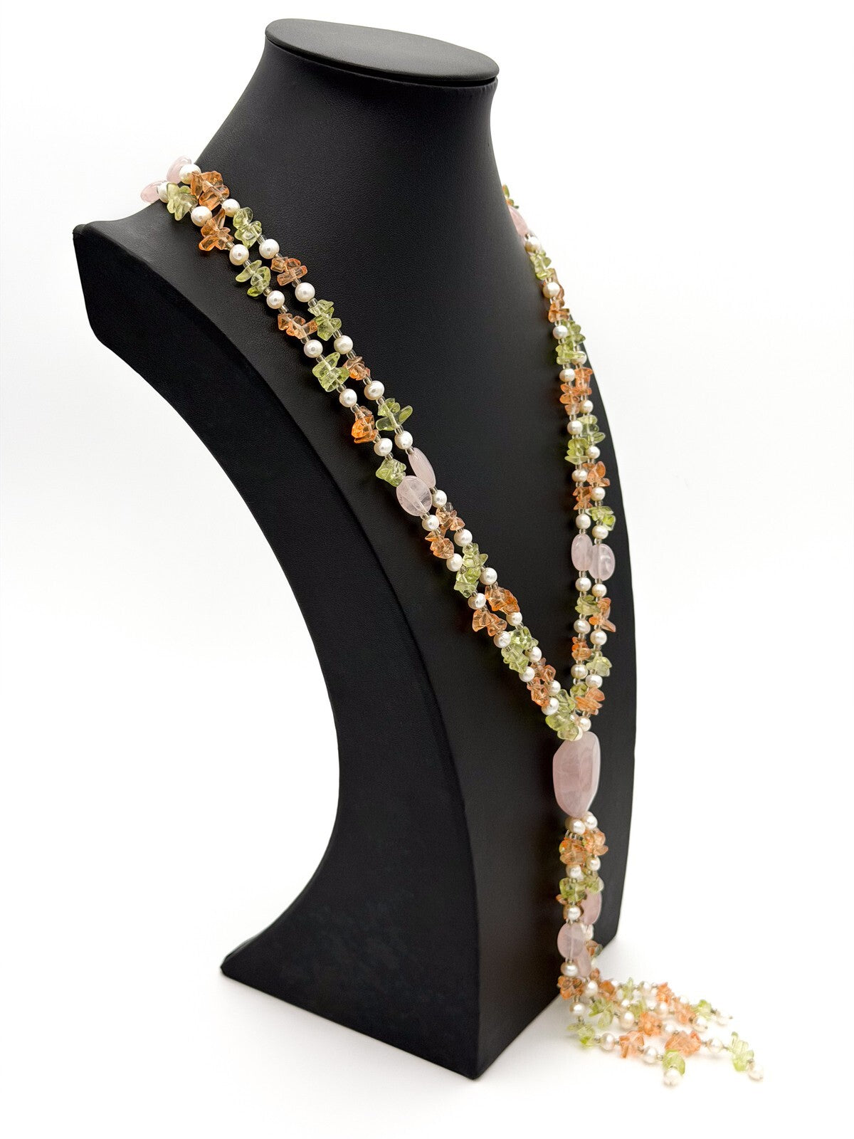 Rose Quartz & Genuine Pearl Multi Strand Statement Necklace Tassel Drop