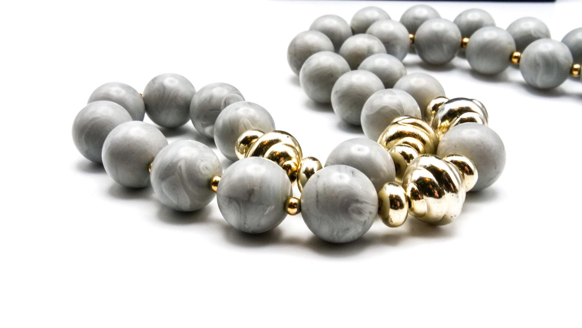 Vintage Grey & Gold Bead Necklace Marble Effect Swirl Lucite Beaded Retro