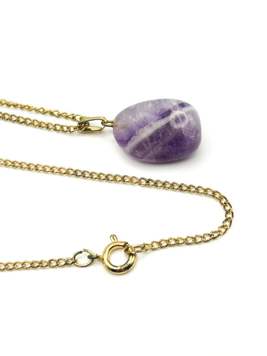 Vintage Gold Tone Chain Necklace with Tumbled Amethyst Pendant - VTG Purple Gem