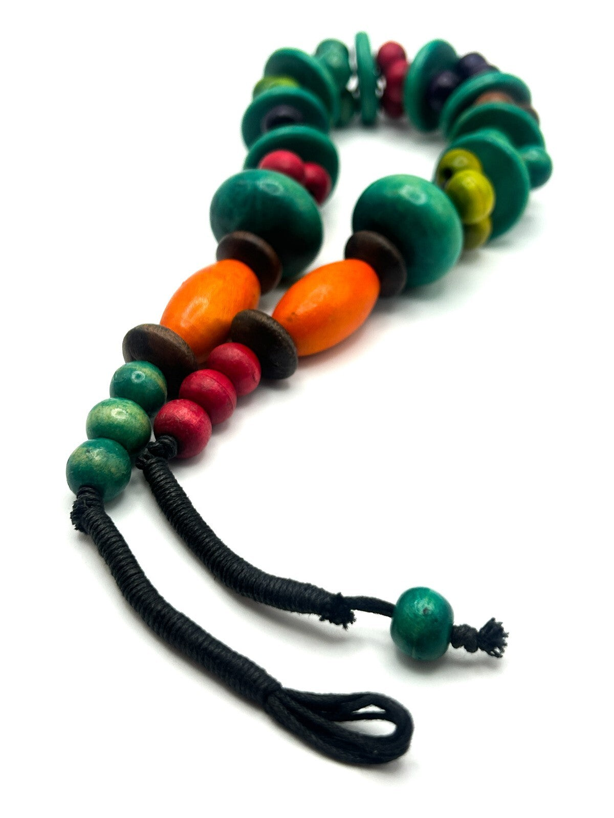 Vintage Multicolour Wooden Bead Necklace with Disc Spacers and Toggle Clasp