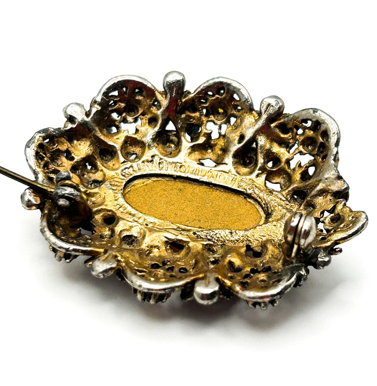 Vintage Amber Glass Oval Cabochon Brooch Rhinestone Ornate Gold Tone Openwork
