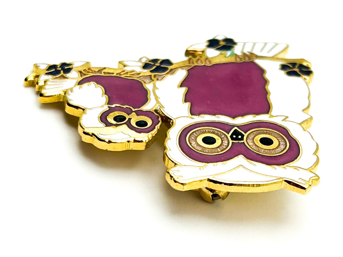 Vintage Fish & Crown Cloisonné Gold tone Enamel Double Owl Brooch